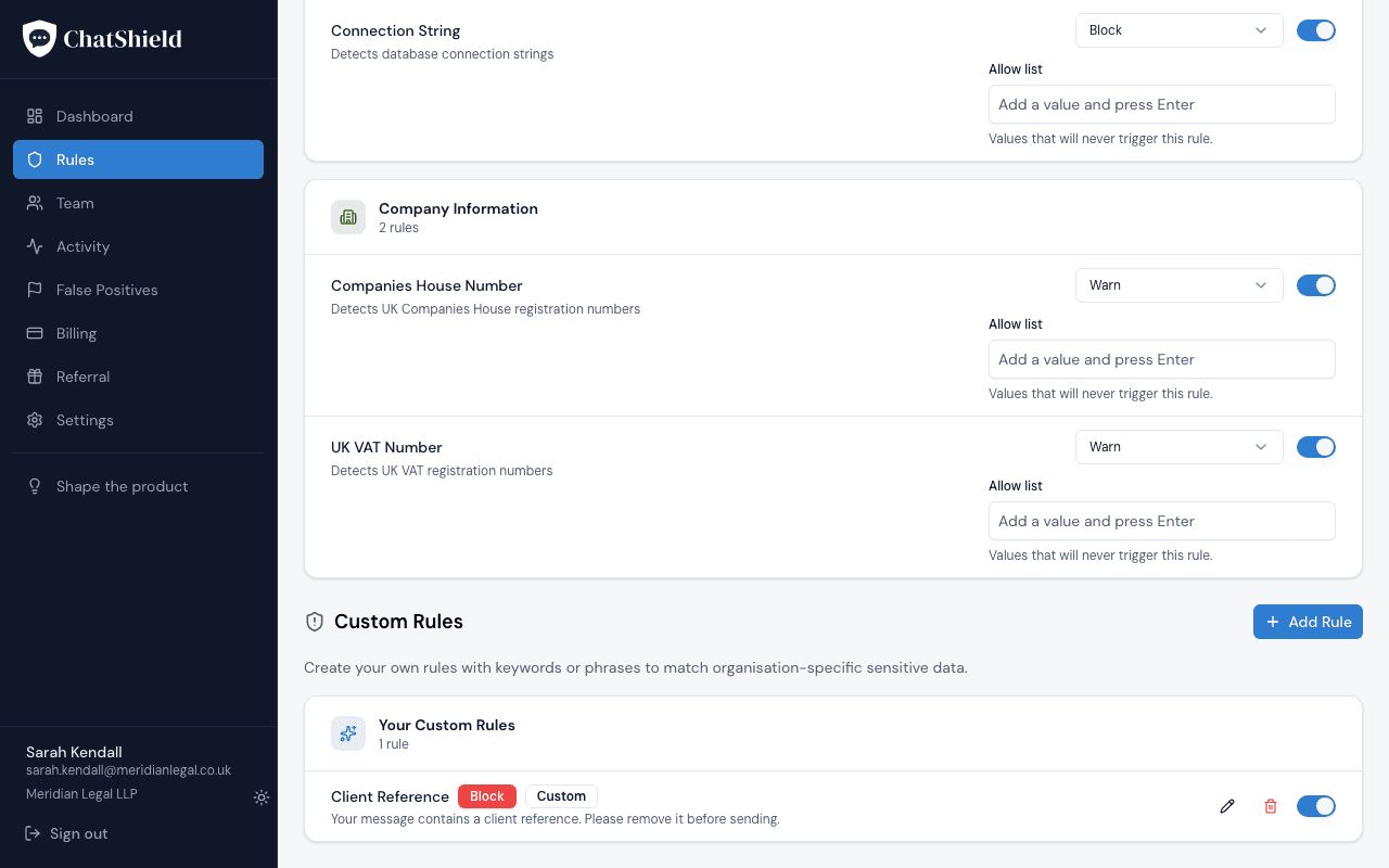 The Rules page scrolled to the Custom Rules section. The Client Reference custom rule is visible with a Block severity badge, the custom block message, and an enabled toggle. The end of the built-in Credentials and Company sections is visible above for context.