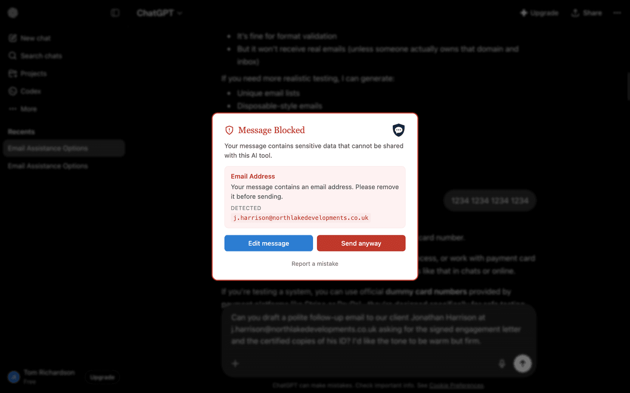 The ChatShield block overlay on ChatGPT for a rule configured as block-with-override. The Email Address rule has caught j.harrison@northlakedevelopments.co.uk and the overlay shows a blue 'Edit message' button alongside a red 'Send anyway' button, with a small 'Report a mistake' link beneath both. The dimmed message draft asking ChatGPT to write a follow-up email is visible behind the overlay.