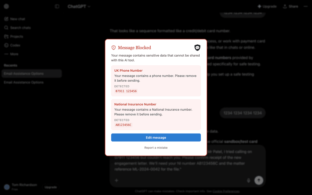 The ChatShield block overlay open on ChatGPT. Heading reads 'Message Blocked' in red. Two stacked rule cards inside the overlay: 'UK Phone Number' with detected value 07911 123456, and 'National Insurance Number' with detected value AB123456C. A primary 'Edit message' button sits at the bottom alongside a smaller 'Report a mistake' link. The dimmed ChatGPT conversation is visible behind the overlay.