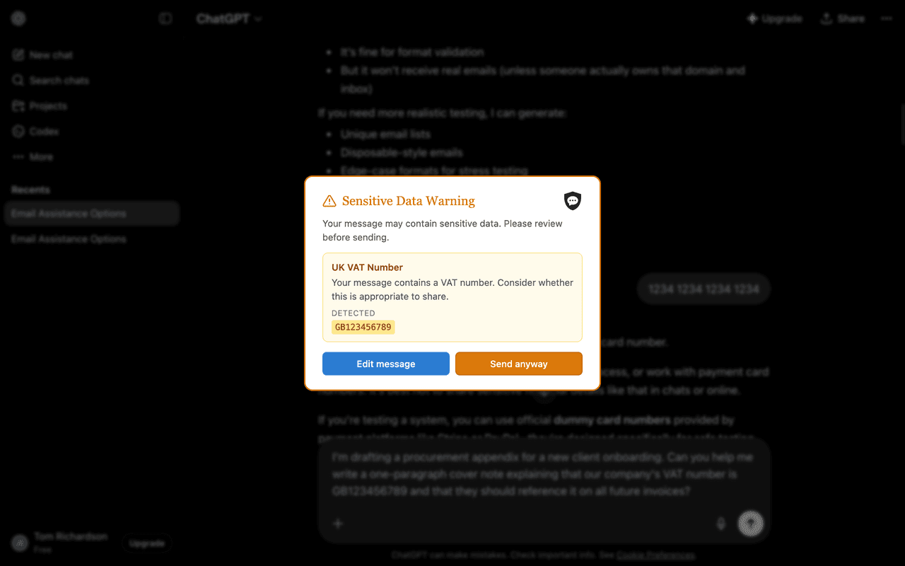 The ChatShield warn overlay on ChatGPT. Heading reads 'Sensitive Data Warning' in amber. Inside the overlay a UK VAT Number card shows the detected value GB123456789. Two buttons at the bottom: a blue 'Edit message' and an amber 'Send anyway'. The dimmed conversation behind shows the user drafting a procurement appendix that mentions the VAT number.